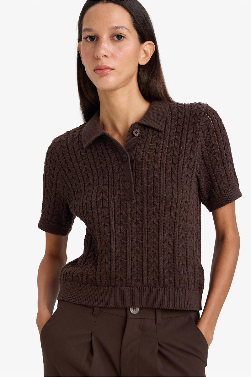 DeFacto Brown Woman Regular Fit Polo Collar Knitwear Pullover Casual - Image 1